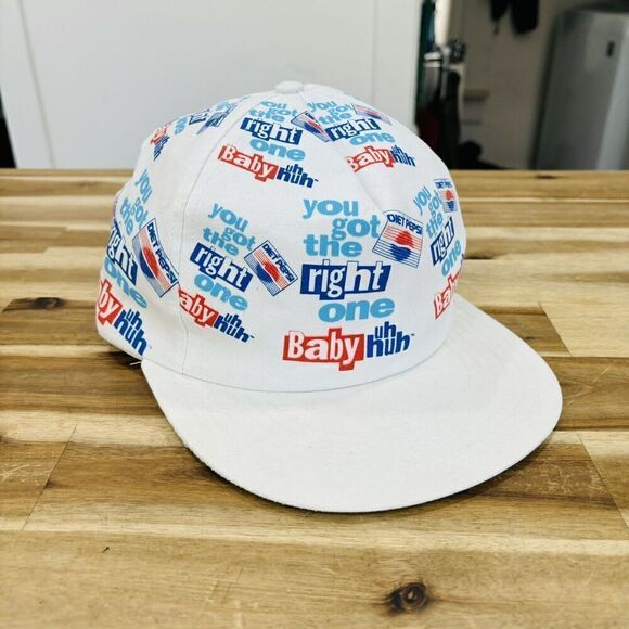 Vtg 90s Diet Pepsi White Hat Cap Snapback AOP Logo The Right One Baby Uh-Huh - Picture 1 of 6